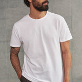 A person wearing a white crew neck t-shirt.